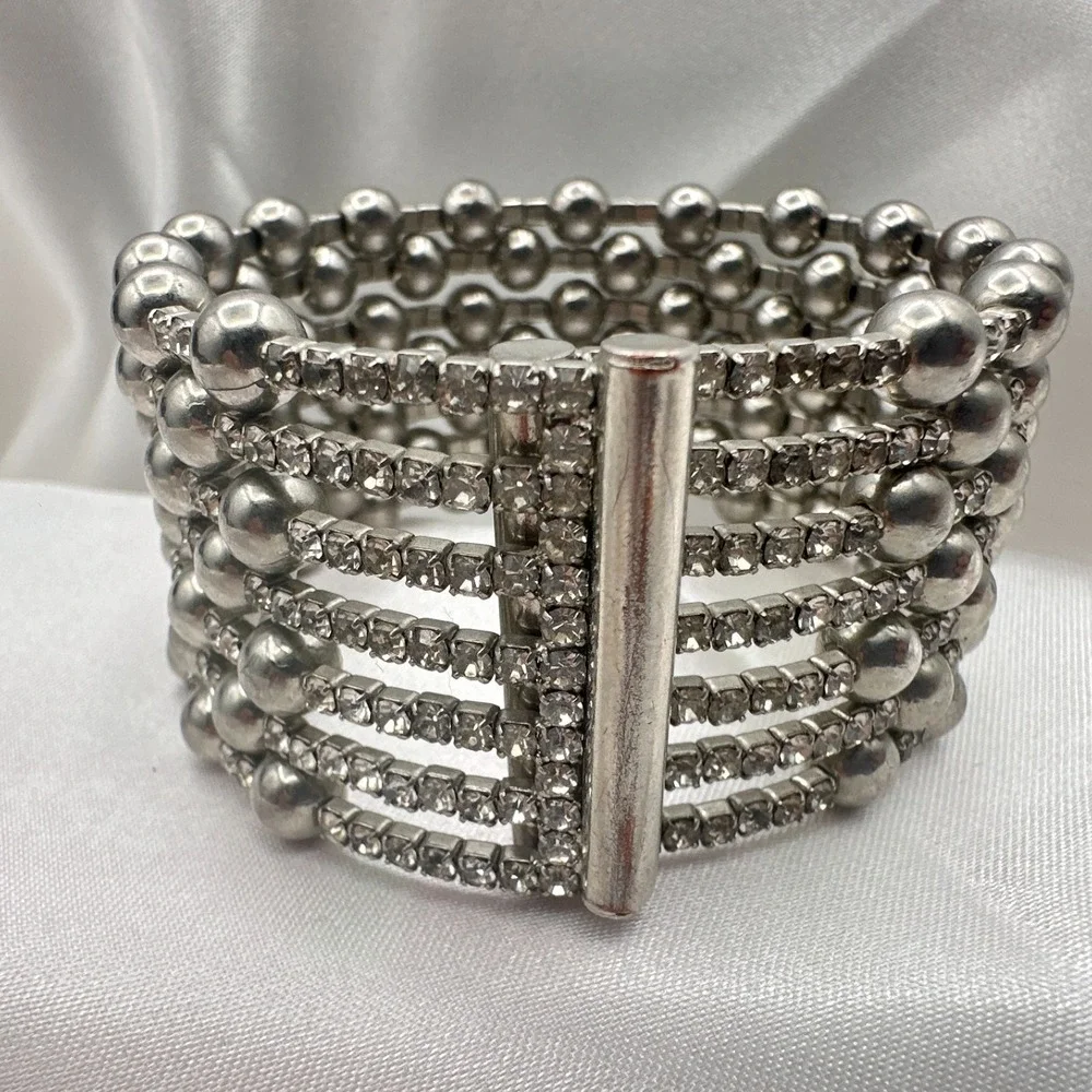 Vintage 90s Silver Tone Multi Row Bead Clear Glass Wide Cuff Statement Bracelet